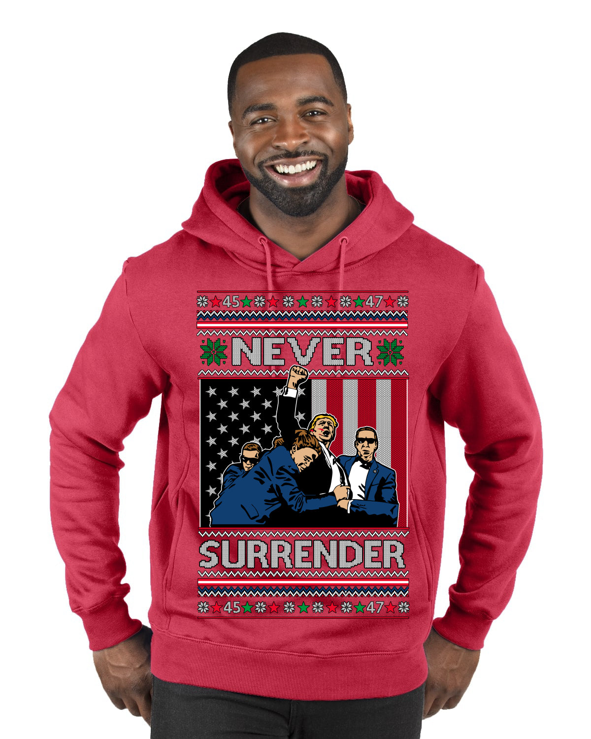 Never Surrender Pro Donald Trump Fight Fist Pump 2024 Ugly Christmas Sweater Premium Graphic Hoodie Sweatshirt