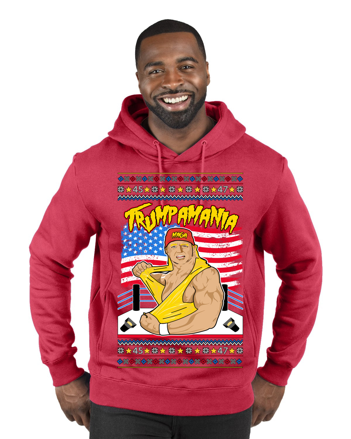 Trumpamania Funny Hogan 80s USA Wrestling Sports Parody Ugly Christmas Sweater Premium Graphic Hoodie Sweatshirt