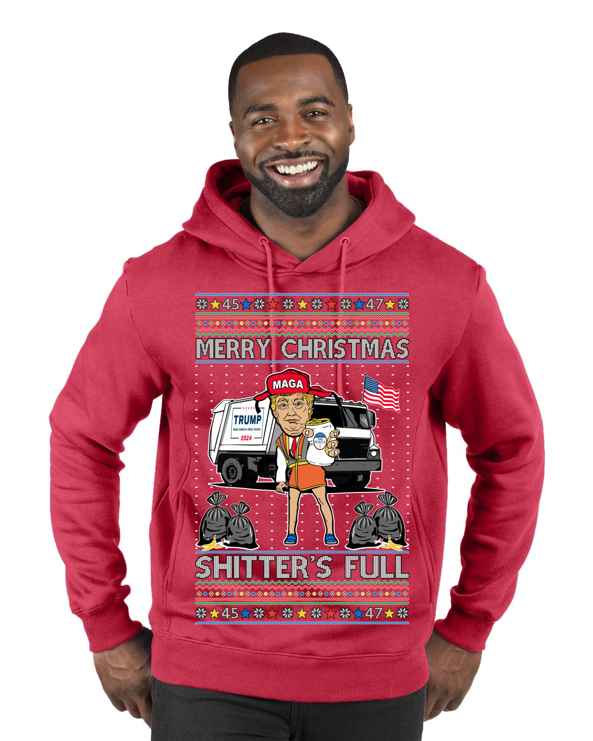 Donald Trump Merry Christmas Shitter's Full Cousin Eddie Ugly Christmas Sweater Premium Graphic Hoodie Sweatshirt