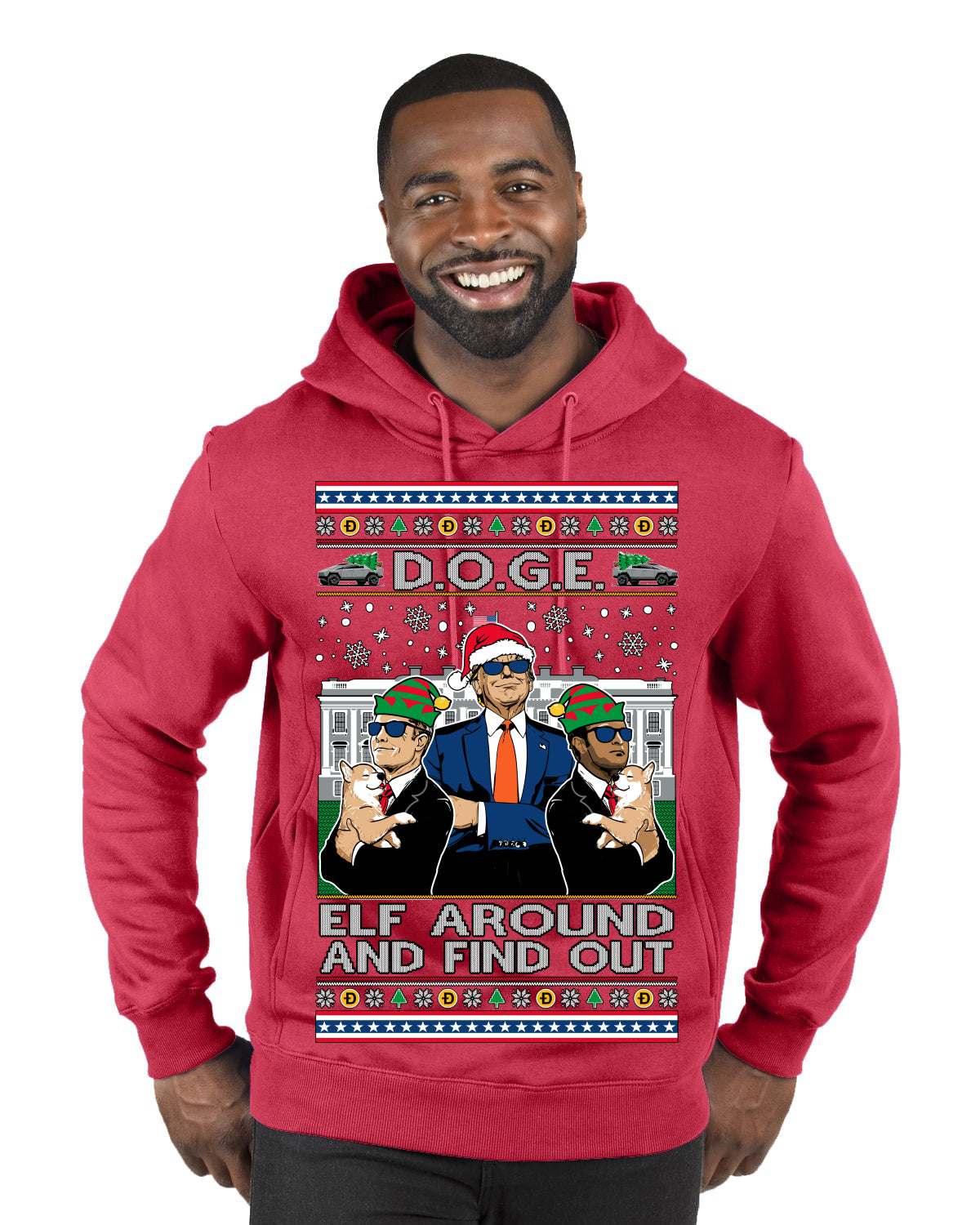 Doge Elf Around and Find Out Trump Elon Vivek MAGA Ugly Christmas Sweater Premium Graphic Hoodie Sweatshirt
