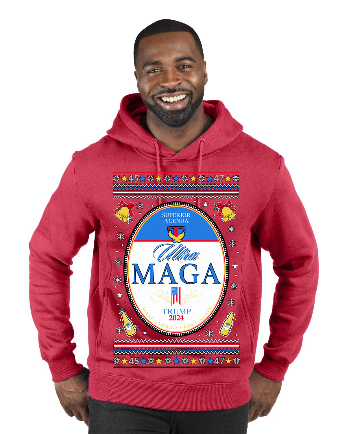 Ultra MAGA Superior Agenda Trump 2024 Funny Beer Logo Ugly Christmas Sweater Premium Graphic Hoodie Sweatshirt