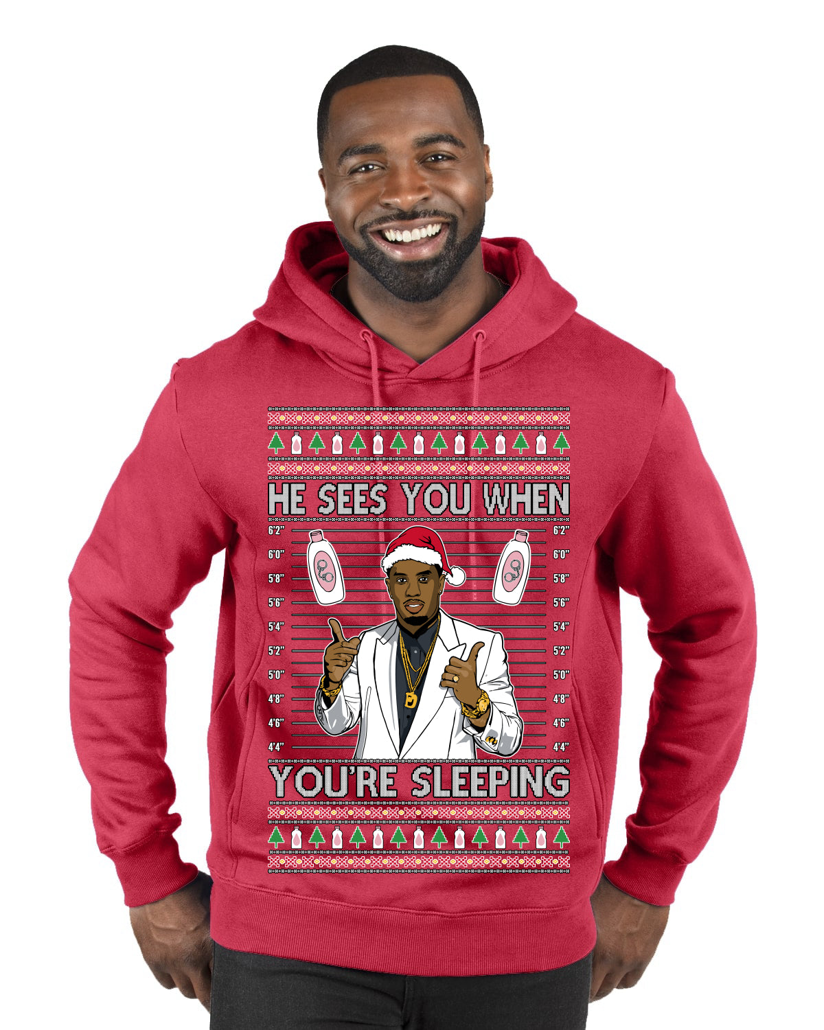 He Sees You When You're Sleeping, Funny Santa P Diddy Diddler Funny Party Viral Music Baby Oil Meme Ugly Christmas Sweater Premium Graphic Hoodie Sweatshirt