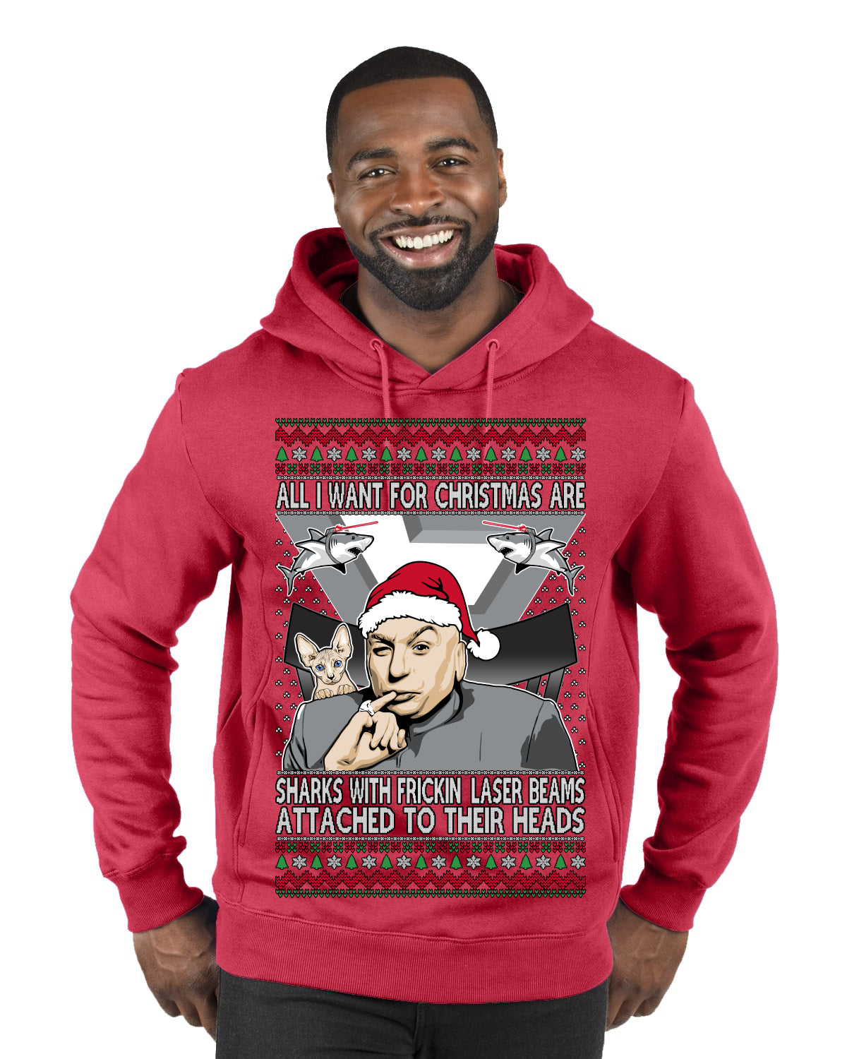 All I Want for Christmas are Sharks With Frickin Laser Beams Attached to their Heads Funny 90s 00s Comedy Movie Ugly Christmas Sweater Premium Graphic Hoodie Sweatshirt