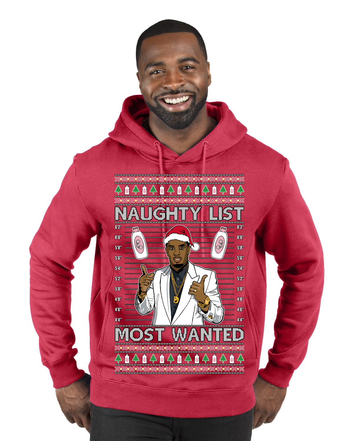 Naughty List Most Wanted, Funny Santa P Diddy Diddler Funny Party Viral Music Baby Oil Meme Ugly Christmas Sweater Premium Graphic Hoodie Sweatshirt