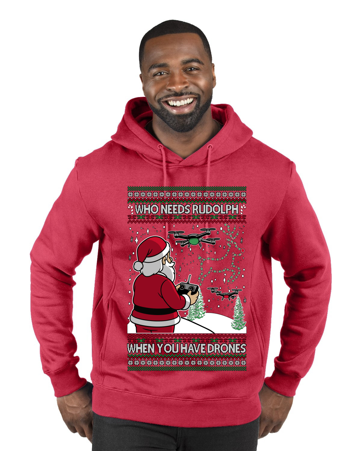 Santa Drone Show Reindeer, Ugly Christmas Sweater Unisex Premium Graphic Hoodie Sweatshirt