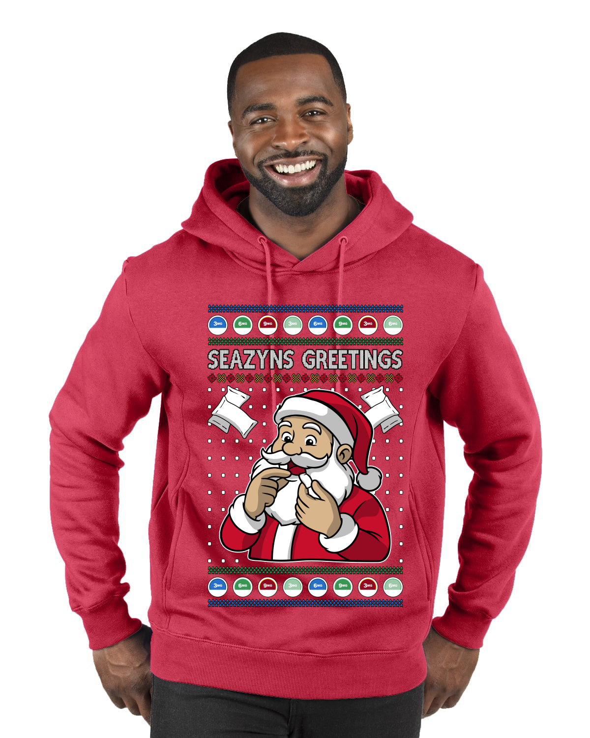 Seazyns Greeting Santa Packing Lip Pouch, Ugly Christmas Sweater Unisex Premium Graphic Hoodie Sweatshirt