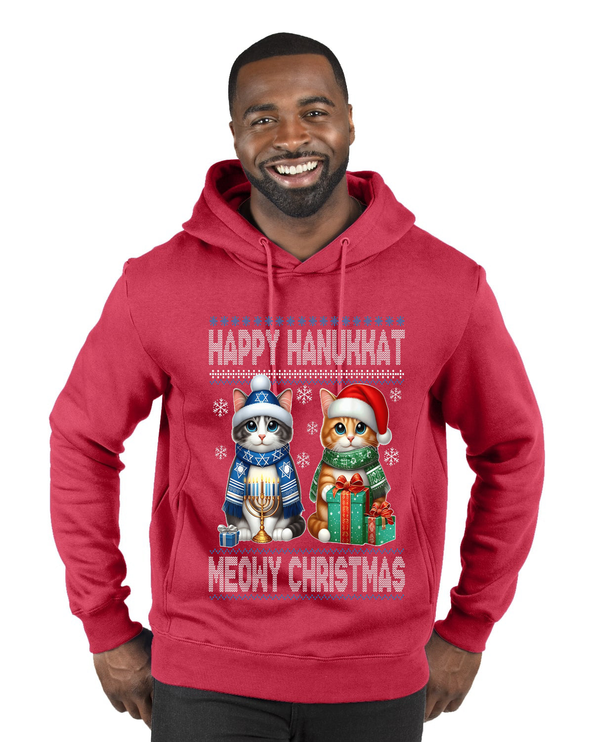 Happy Hanukkat Meowy Christmas, Ugly Christmas Sweater Unisex Premium Graphic Hoodie Sweatshirt