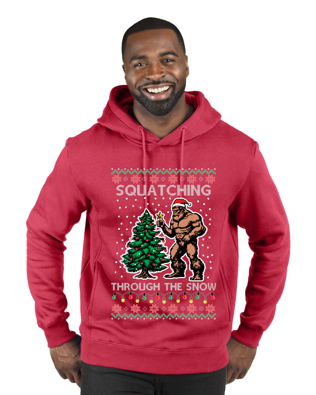 Squatching Through The Snow Bigfoot, Ugly Christmas Sweater Unisex Premium Graphic Hoodie Sweatshirt