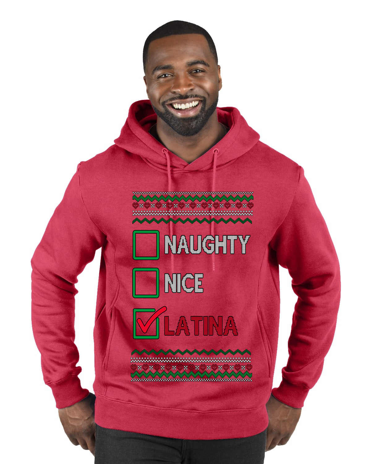 Naughty Nice, Latina, Latin American Humor Christmas Design, Ugly Christmas Sweater Unisex Premium Graphic Hoodie Sweatshirt