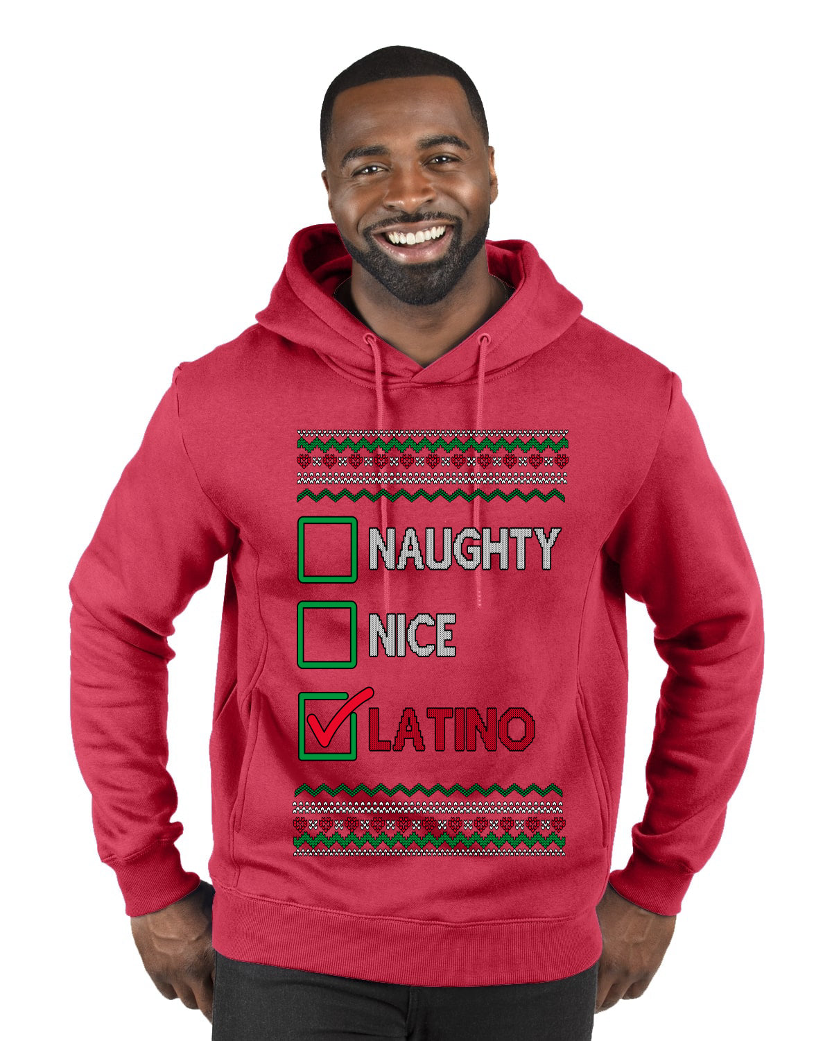 Naughty Nice, Latino, Latin American Humor Christmas Design, Ugly Christmas Sweater Unisex Premium Graphic Hoodie Sweatshirt