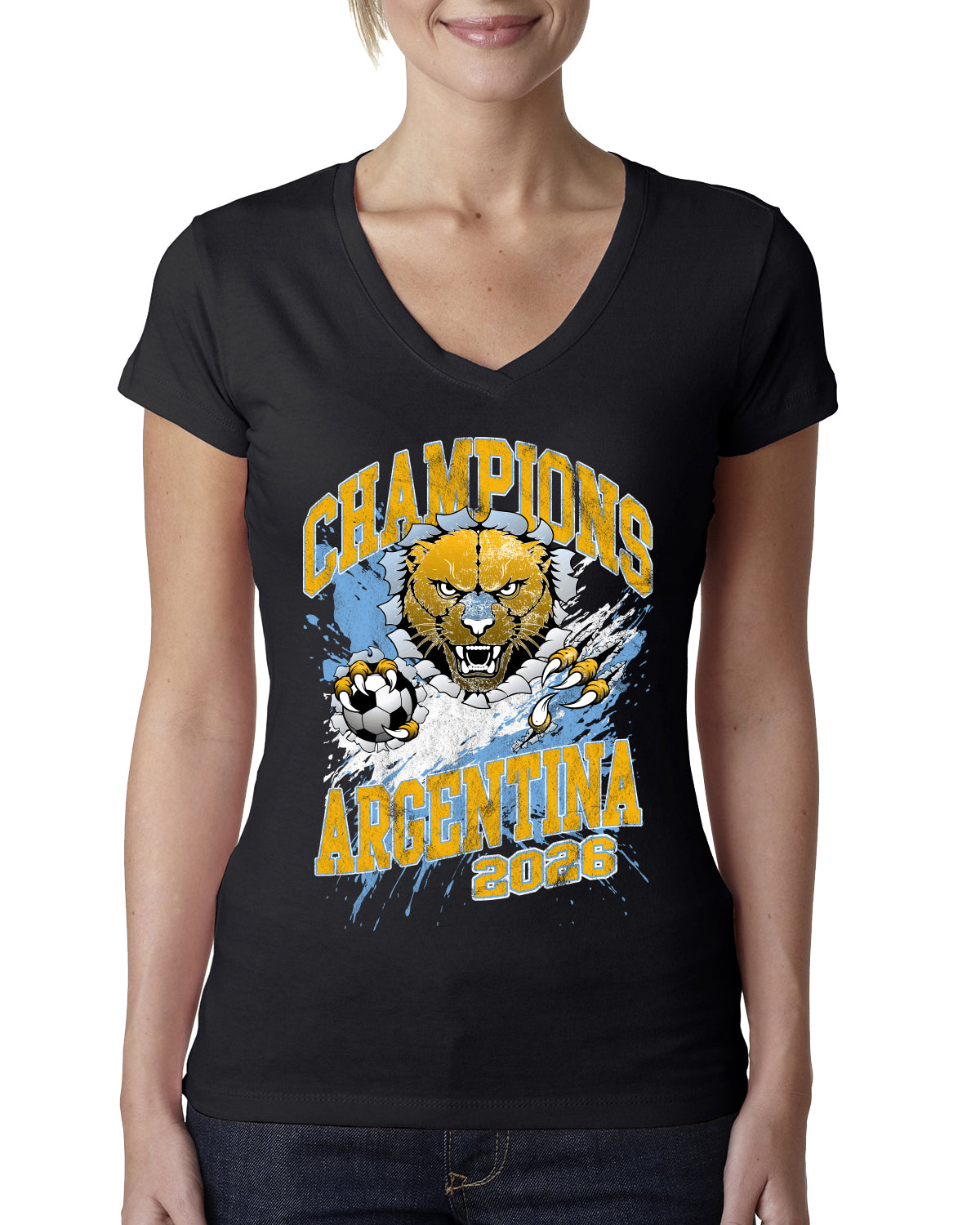 Argentina Soccer Champions Fan Shirt Big Cat and Soccer Ball Game Day Gift Sports Womens V-Neck Tee Sports Womens Junior Fit V-Neck Tee