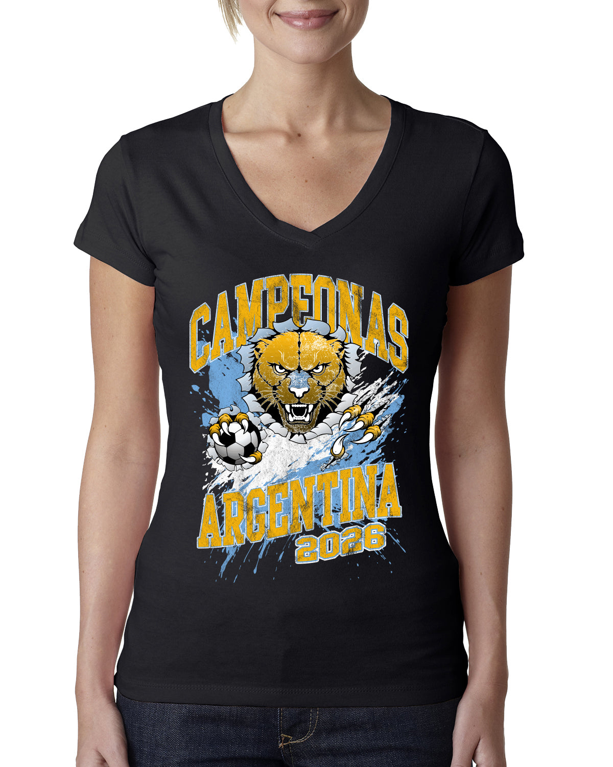 Argentina Soccer Campeonas Fan Shirt Big Cat and Soccer Ball Game Day Gift Sports Womens V-Neck Tee Sports Womens Junior Fit V-Neck Tee