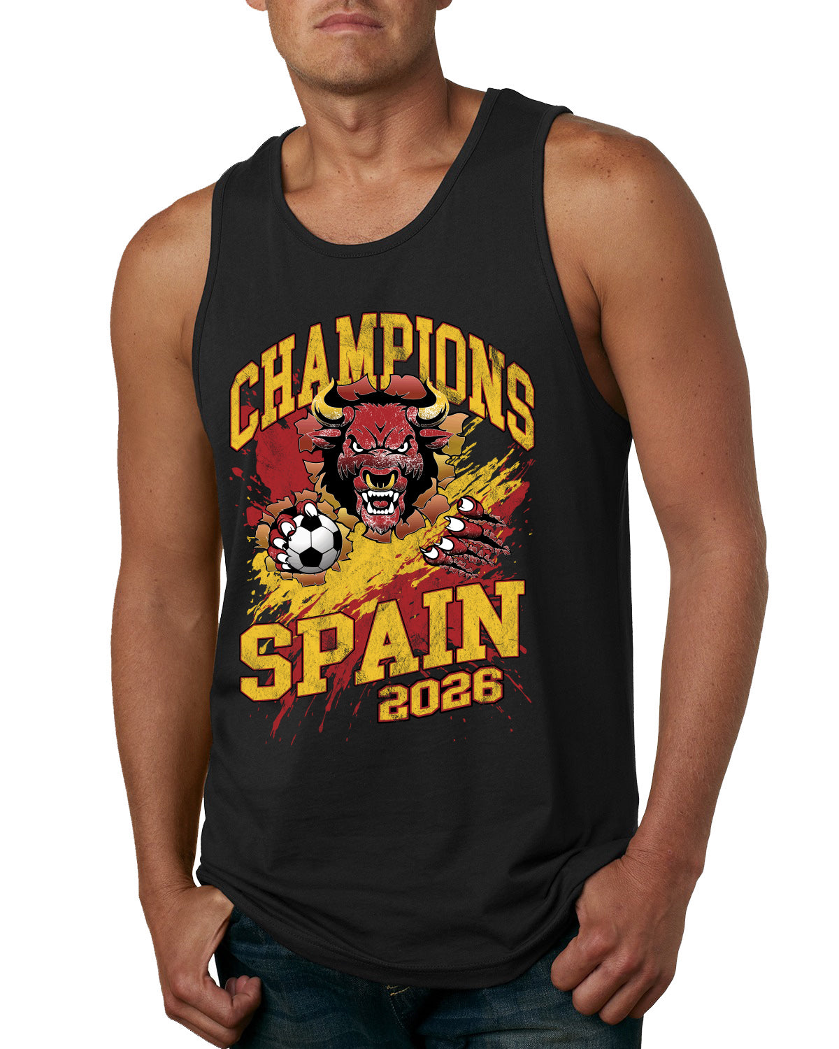 Spain Soccer Champions Fan Shirt Fierce Bull and Soccer Ball Spanish Game Day Gift Sports Tank Top Sports Mens Tank Top