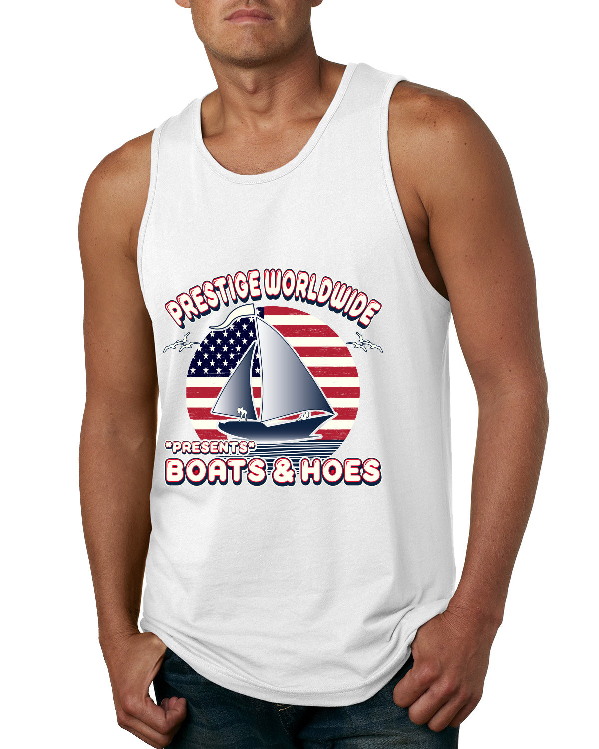 Vintage Retro USA Prestige Worldwide Funny Boats and Hoes Pop Culture Mens Tank Top