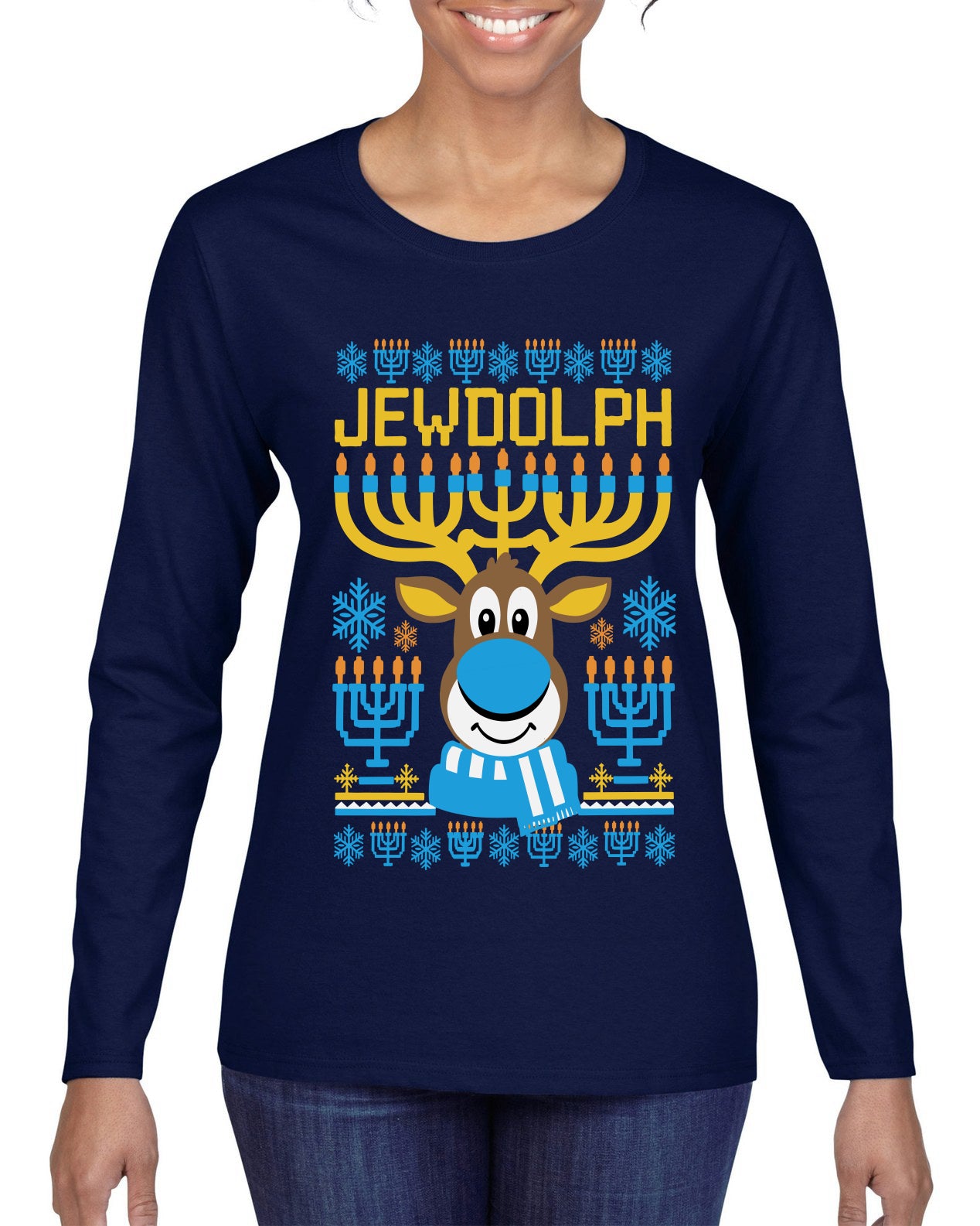 Jewdolph, Jewish Reindeer, Ugly Christmas Sweater Womens Graphic Long Sleeve T-Shirt