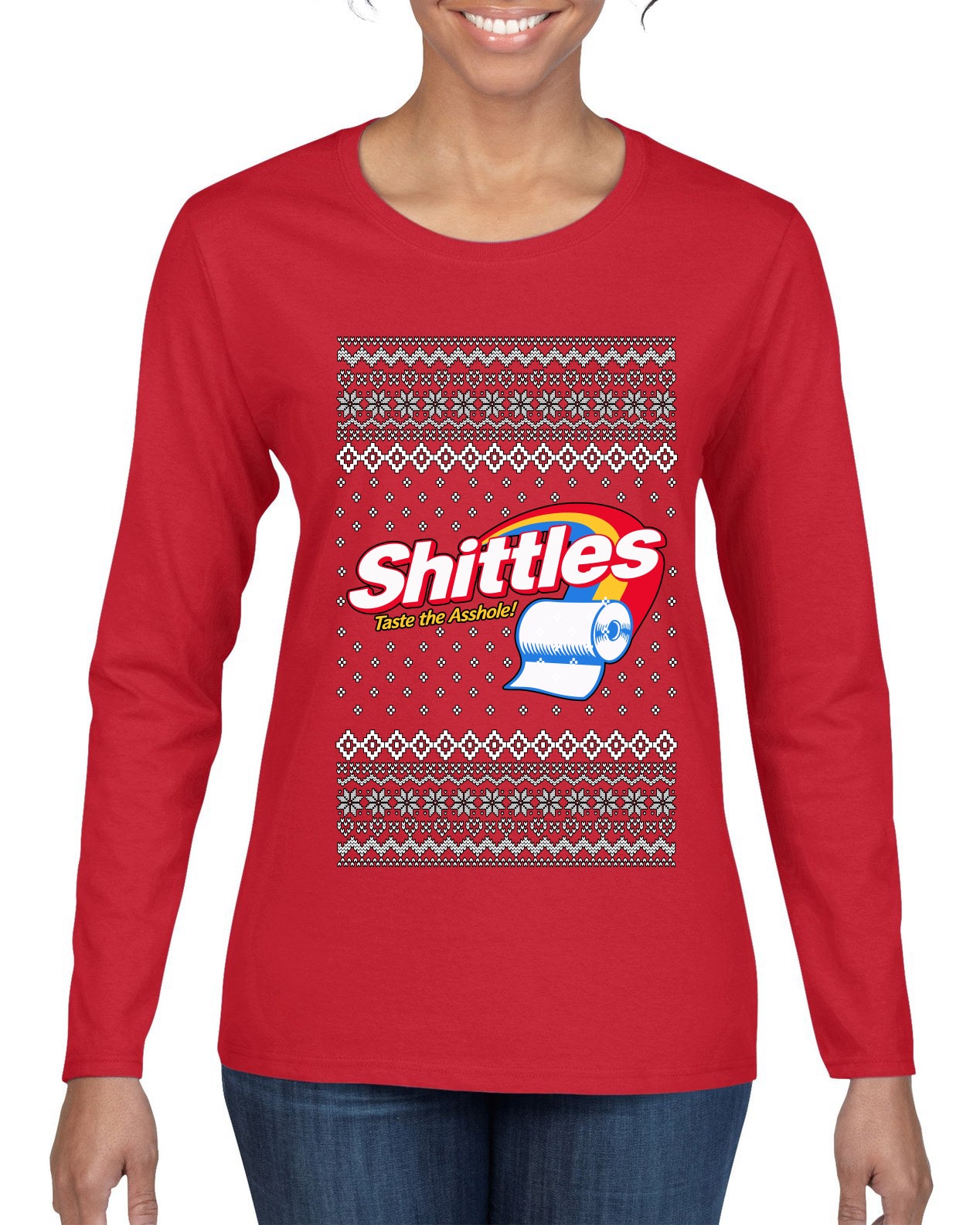 Funny Candy Bar Parody Shirt, Ugly Christmas Sweater Womens Graphic Long Sleeve T-Shirt