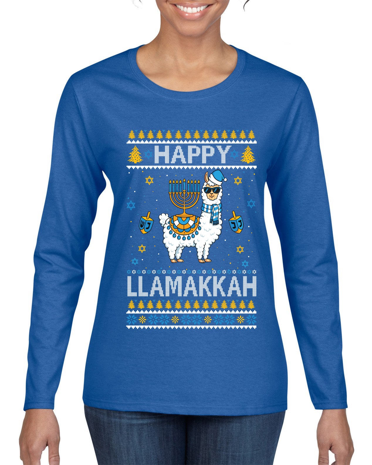 Happy Llamakkah, Ugly Christmas Sweater Womens Graphic Long Sleeve T Shirt