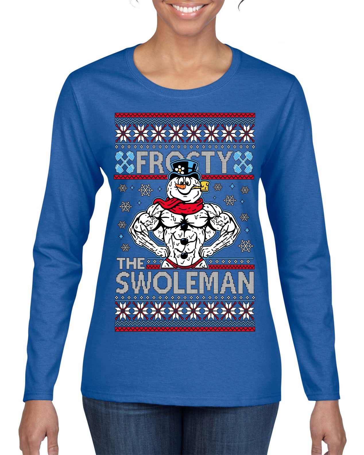 Frosty the Swoleman Funny Workout Lifting Snowman MovieUgly Christmas Sweater Womens Graphic Long Sleeve T-Shirt