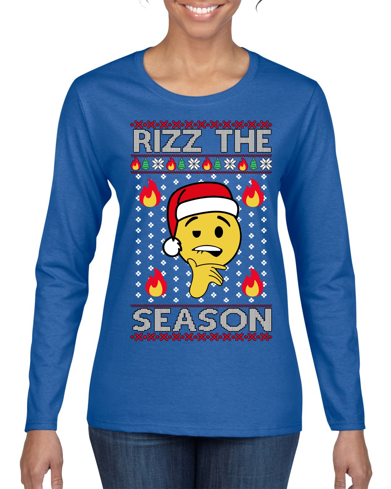Rizz the Season Viral Internet Fire Emoji Face Meme Ugly Christmas Sweater Womens Graphic Long Sleeve T-Shirt