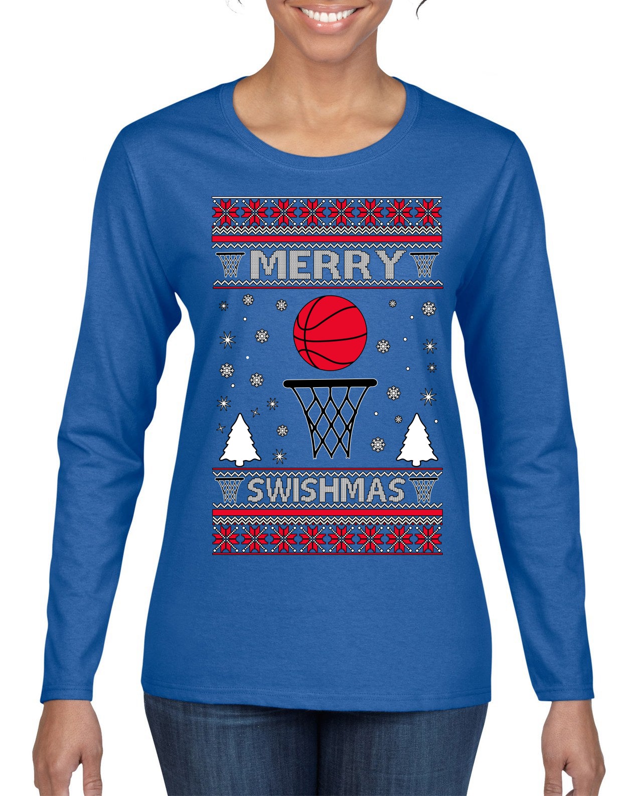 Merry Swishmas Basketball Sports Ugly Christmas Sweater Womens Graphic Long Sleeve T-Shirt