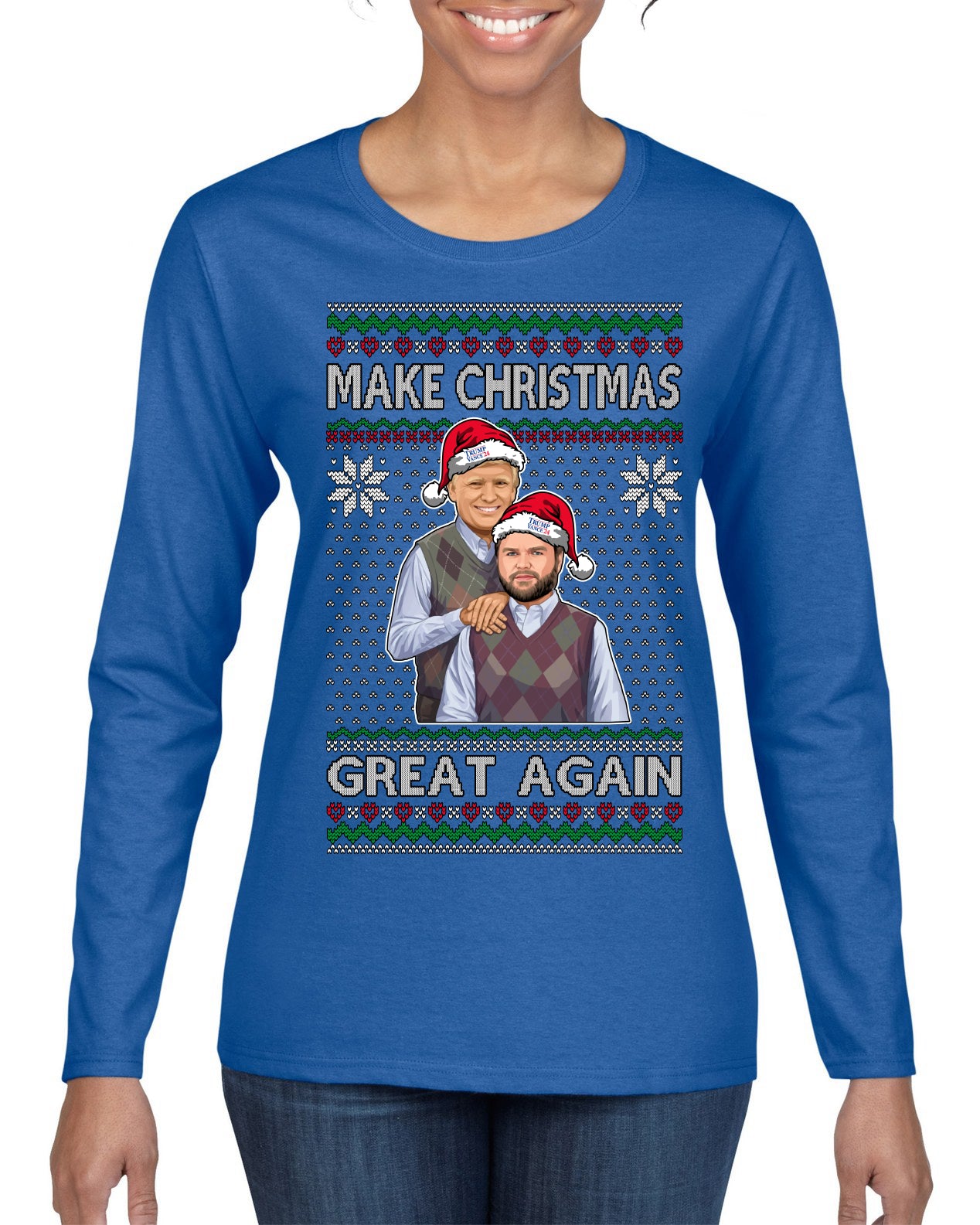 Make Christmas Great Again Trump Vance 2024 Movie Parody Ugly Christmas Sweater Womens Graphic Long Sleeve T-Shirt
