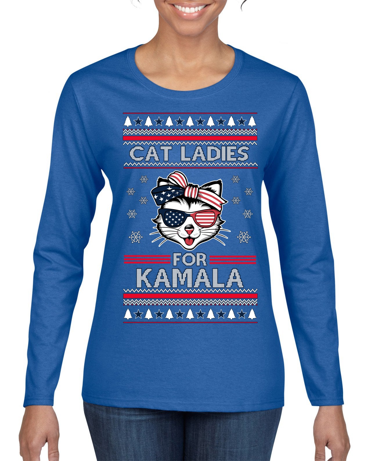 Cat Ladies for Kamala USA Glasses, Harris Tim Walz 2024 Cute USA Glasses Bow Ugly Christmas Sweater Womens Graphic Long Sleeve T-Shirt