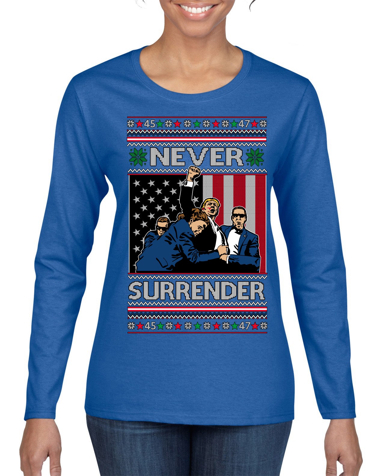Never Surrender Pro Donald Trump Fight Fist Pump 2024 Ugly Christmas Sweater Womens Graphic Long Sleeve T-Shirt