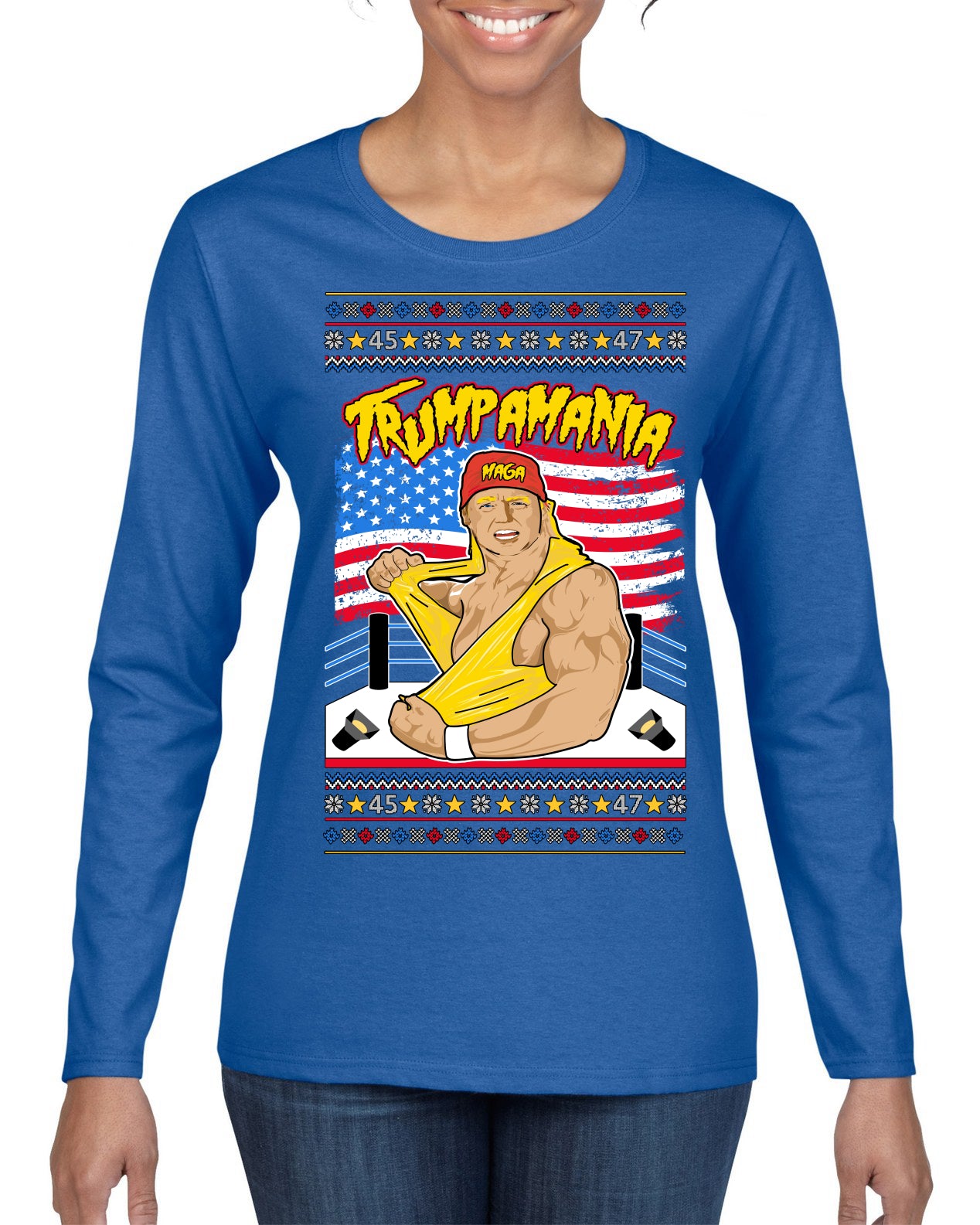 Trumpamania Funny Hogan 80s USA Wrestling Sports Parody Ugly Christmas Sweater Womens Graphic Long Sleeve T-Shirt