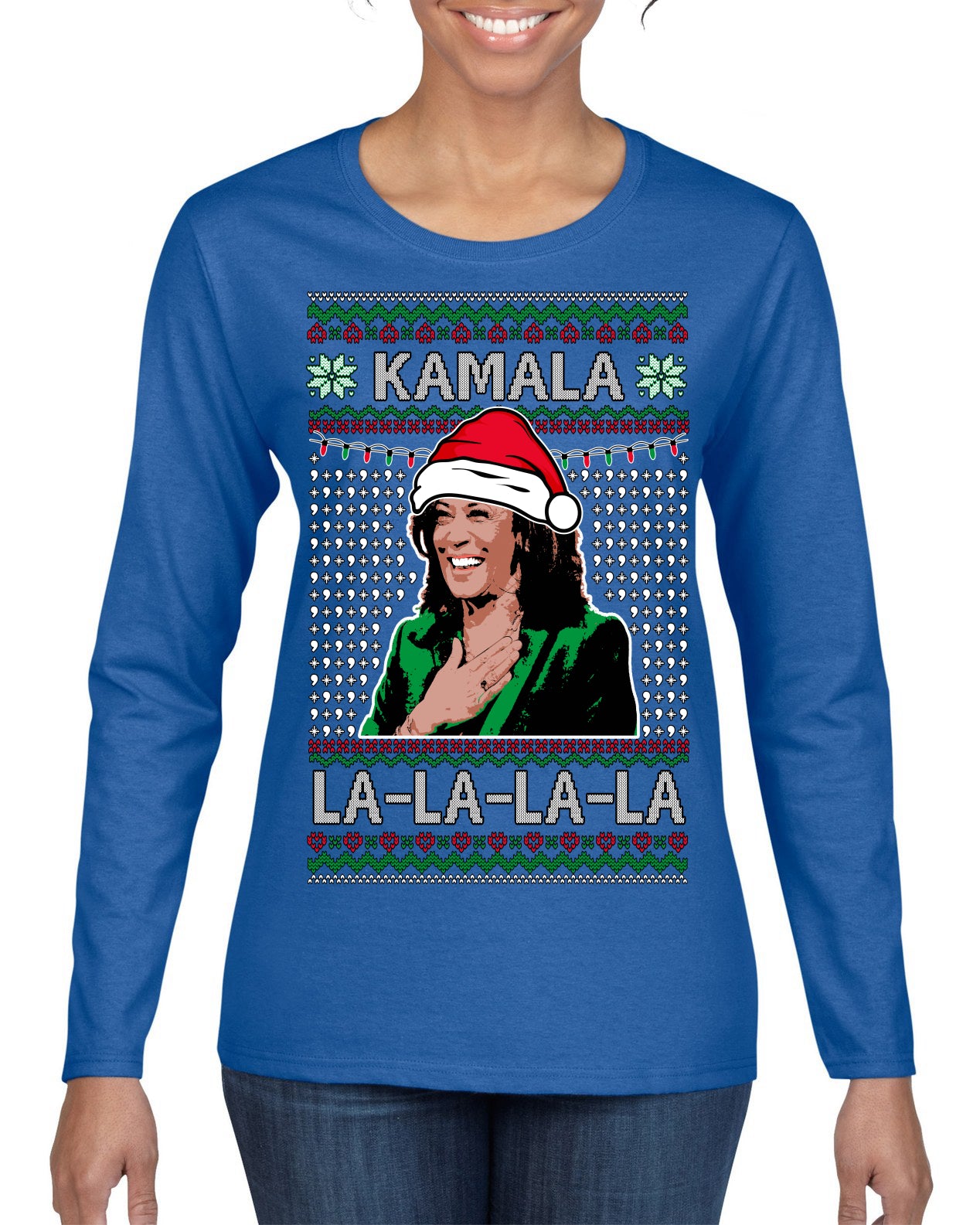 Kamala La La Funny Santa Hat Classic Xmas Song Carol Ugly Christmas Sweater Womens Graphic Long Sleeve T-Shirt