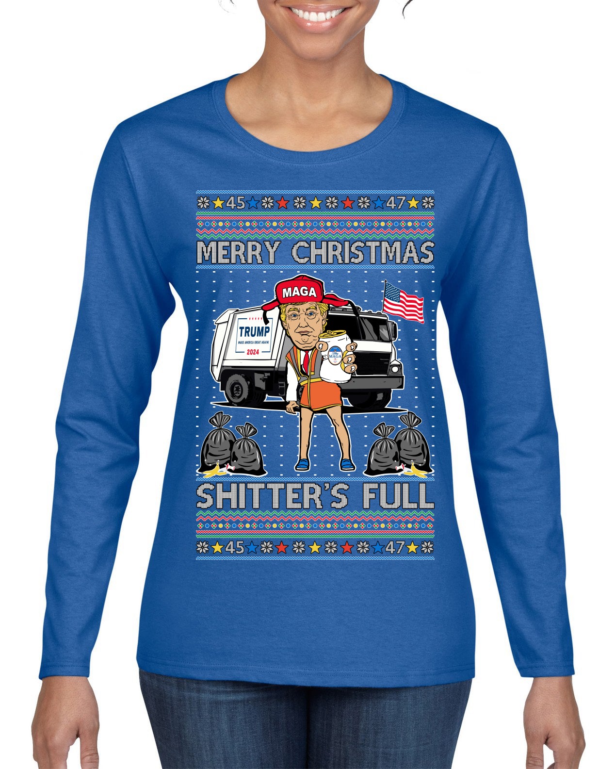 Donald Trump Merry Christmas Shitter's Full Cousin Eddie Ugly Christmas Sweater Womens Graphic Long Sleeve T-Shirt