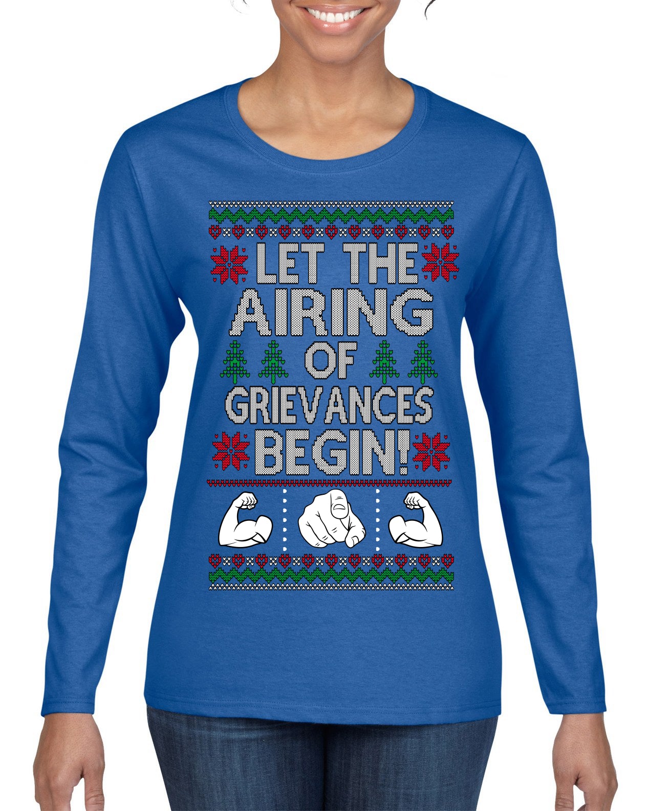 Let the Airing of Grievances Begin Funny TV Sitcom Festivus Ugly Christmas Sweater Womens Graphic Long Sleeve T-Shirt