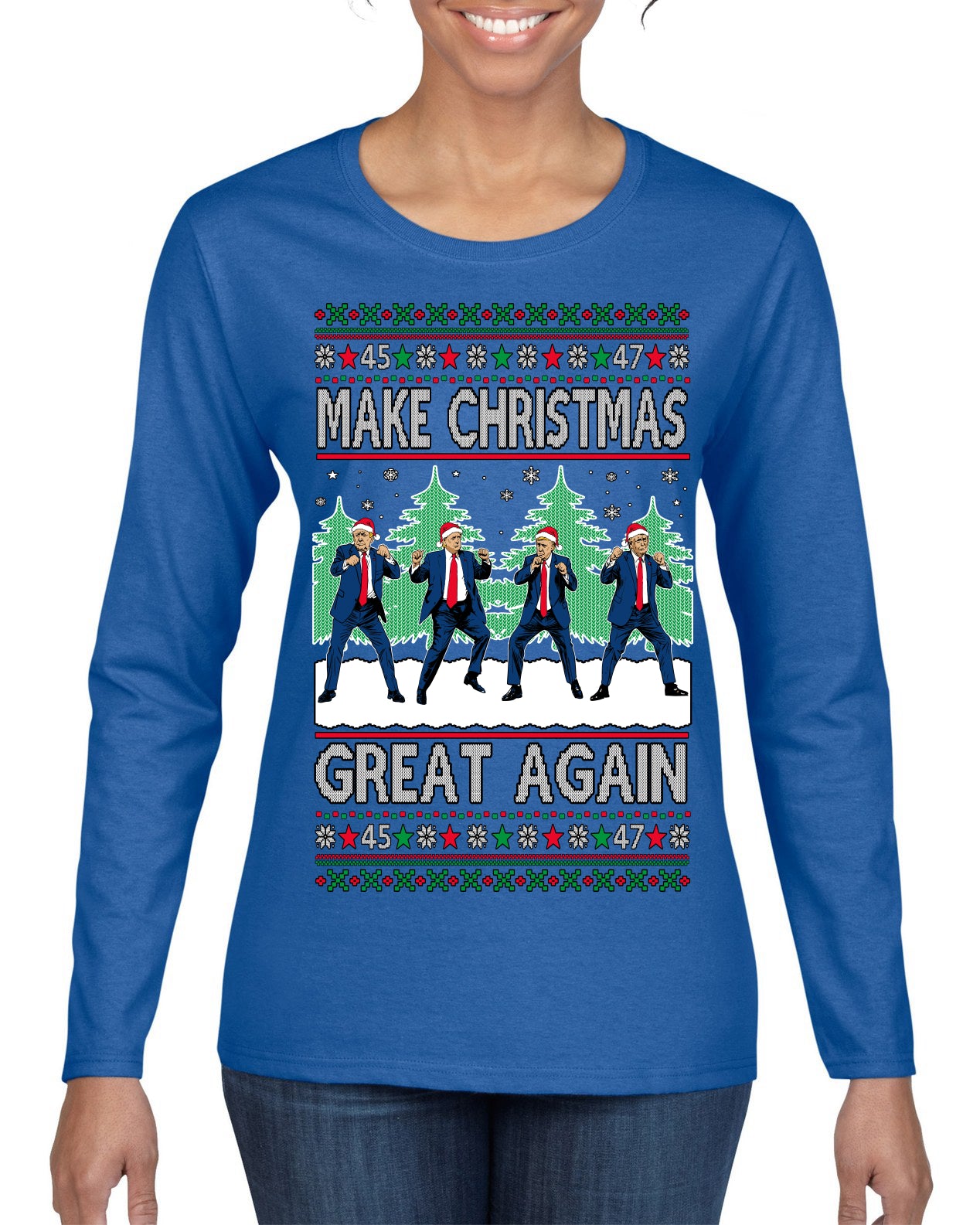 Make Christmas Great Again Shimmy Dance USA President Ugly Christmas Sweater Womens Graphic Long Sleeve T-Shirt