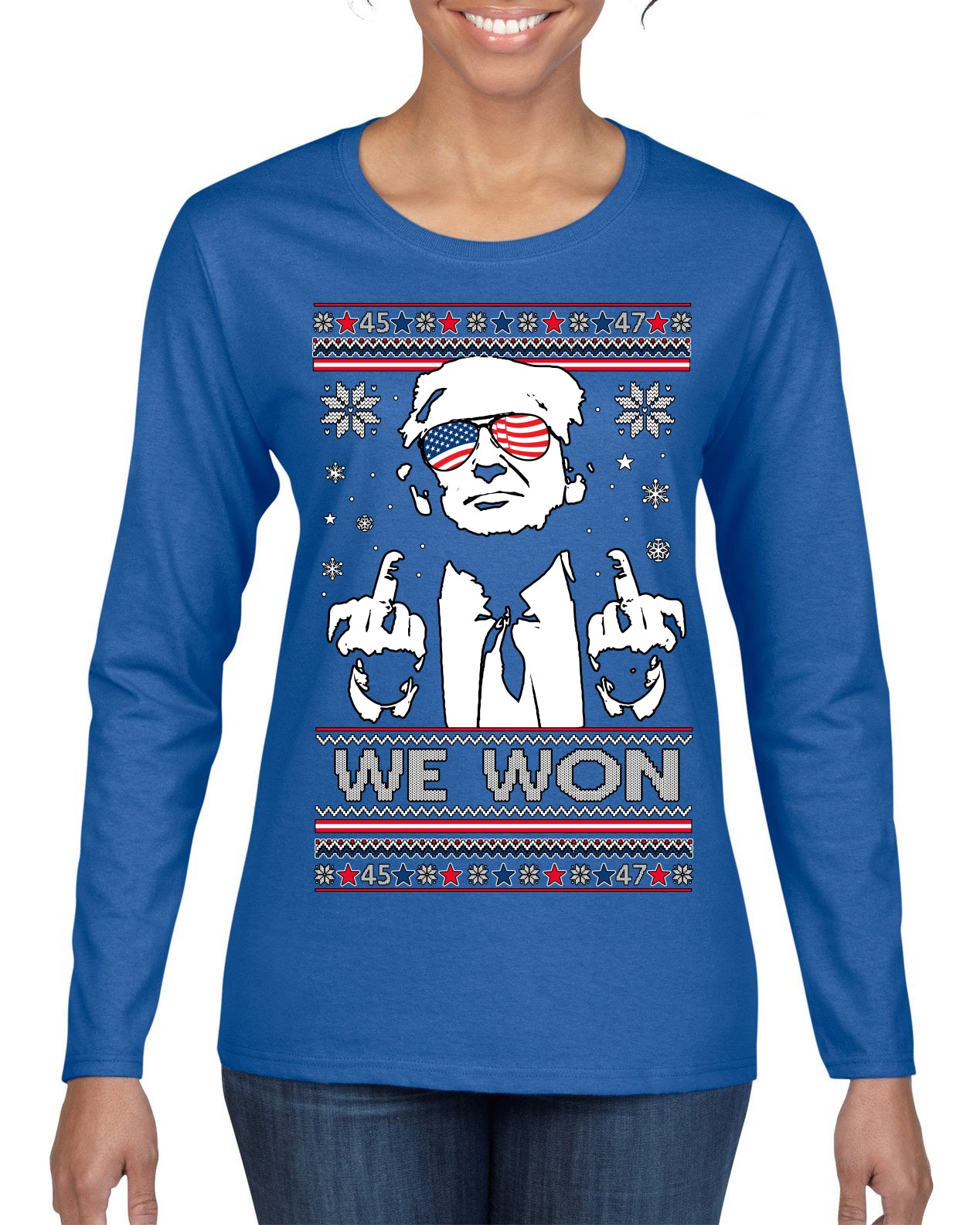 We Won Funny 45 47 President Trump Shot USA Glasses Ugly Christmas Sweater Womens Graphic Long Sleeve T-Shirt