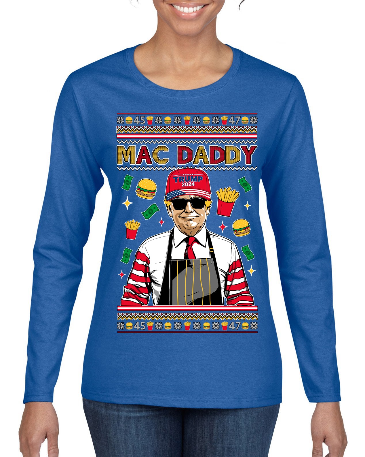 Mac Daddy Funny Viral Trump Meme Fast Food Fries Burgers Ugly Christmas Sweater Womens Graphic Long Sleeve T-Shirt