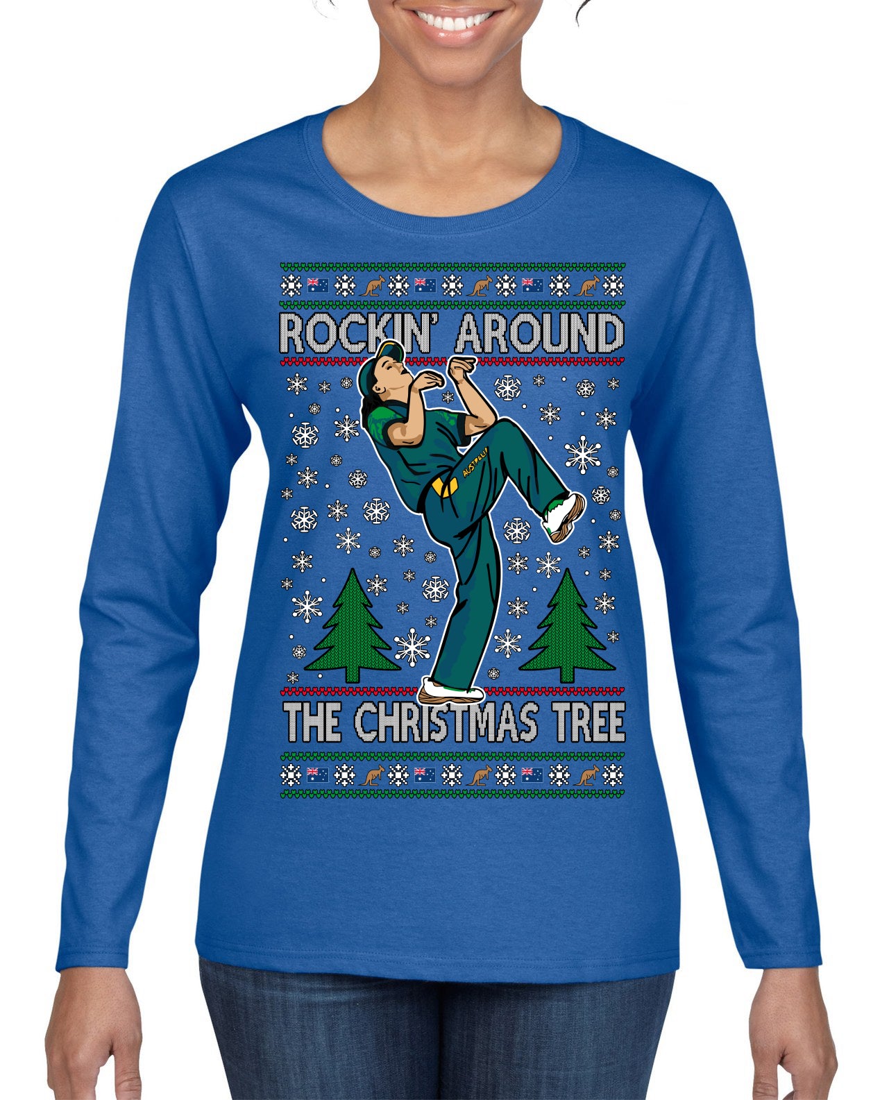 Rockin Around the Christmas Tree Raygun Viral Breakdancer Ugly Christmas Sweater Womens Graphic Long Sleeve T-Shirt