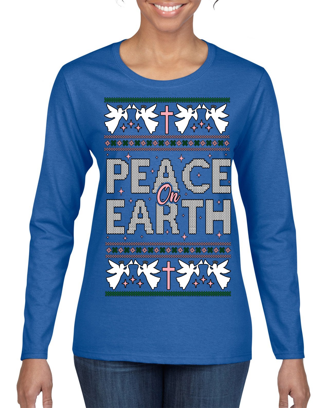 Peace On Earth Funny Xmas Cute Pink Angel Cross Ugly Christmas Sweater Womens Graphic Long Sleeve T-Shirt