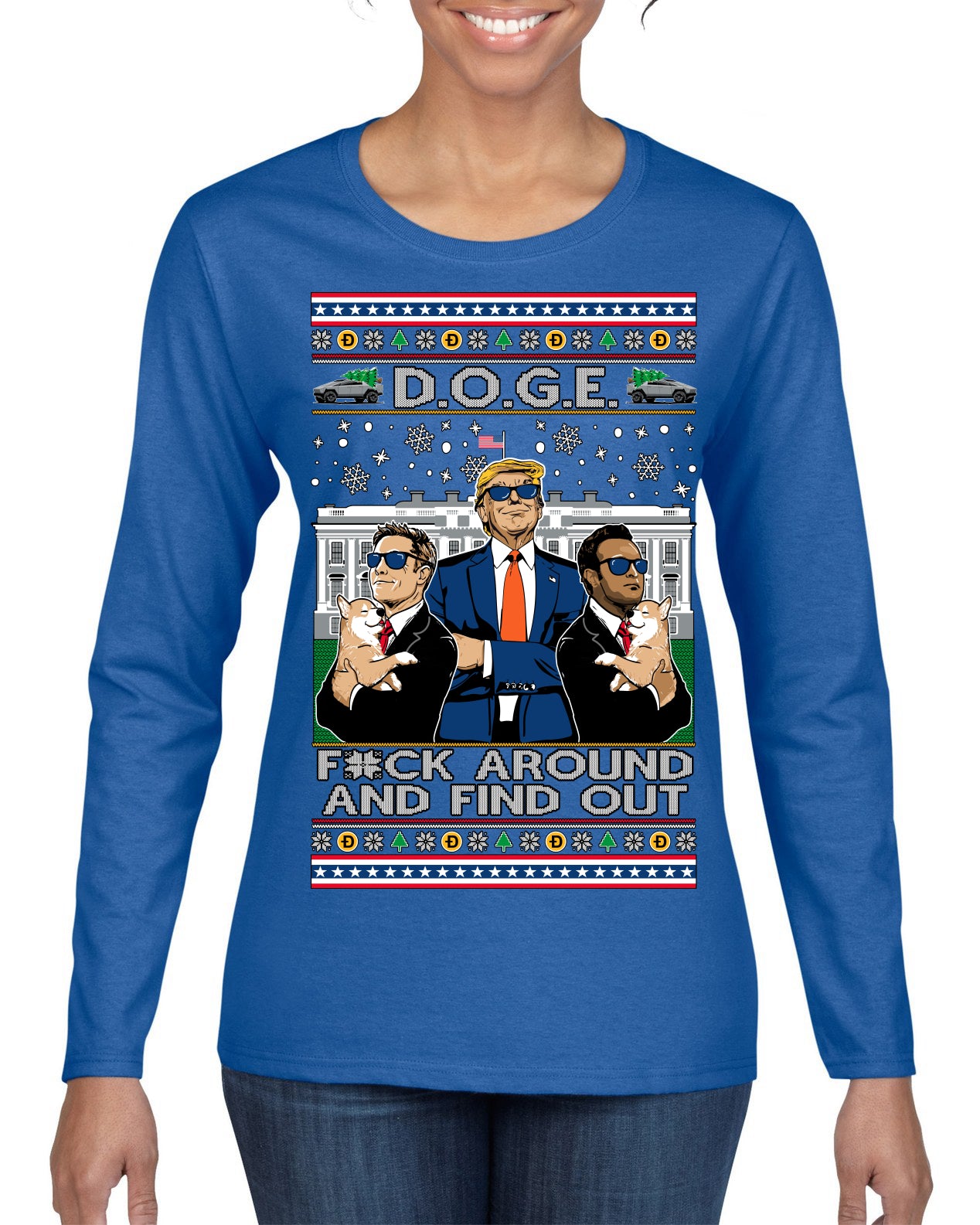 Doge F Around and Find Out Donald Trump Elon Vivek MAGA Ugly Christmas Sweater Womens Graphic Long Sleeve T-Shirt