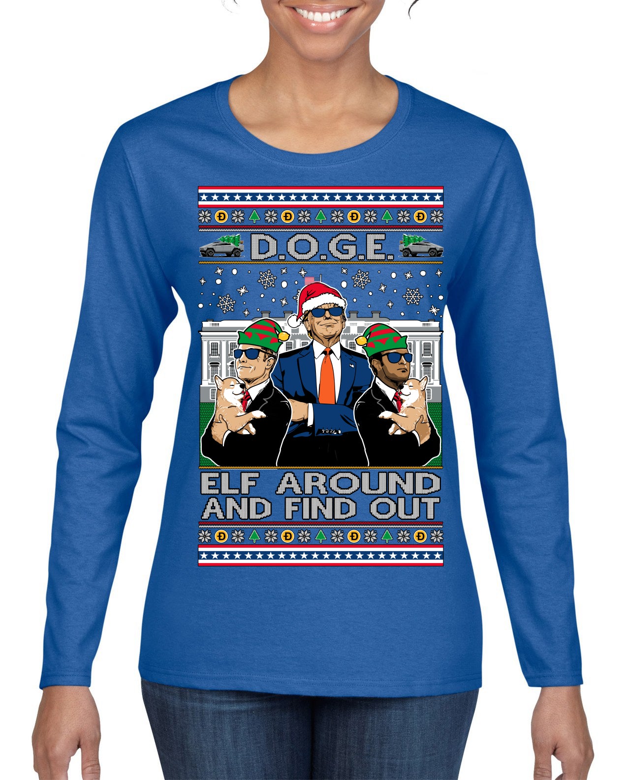 Doge Elf Around and Find Out Trump Elon Vivek MAGA Ugly Christmas Sweater Womens Graphic Long Sleeve T-Shirt