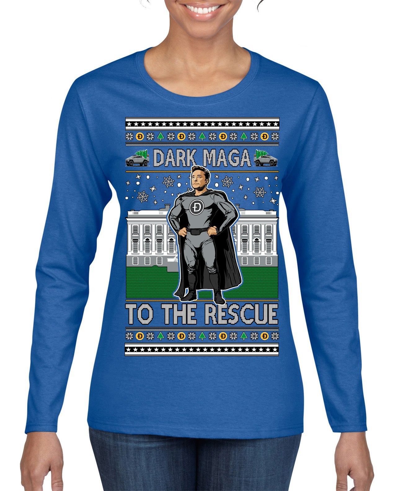 Dark MAGA to the Rescue Elon Superhero Doge Crypto Ugly Christmas Sweater Womens Graphic Long Sleeve T-Shirt