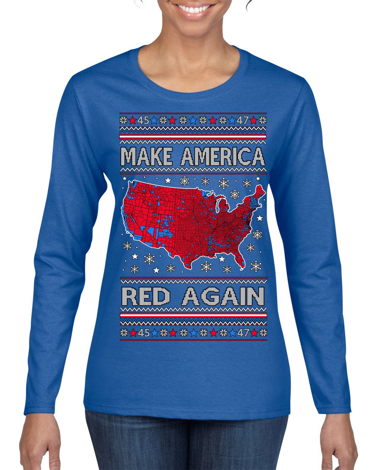 Make America Red Again USA Map Trump 2024 MAGA Ugly Christmas Sweater Womens Graphic Long Sleeve T-Shirt