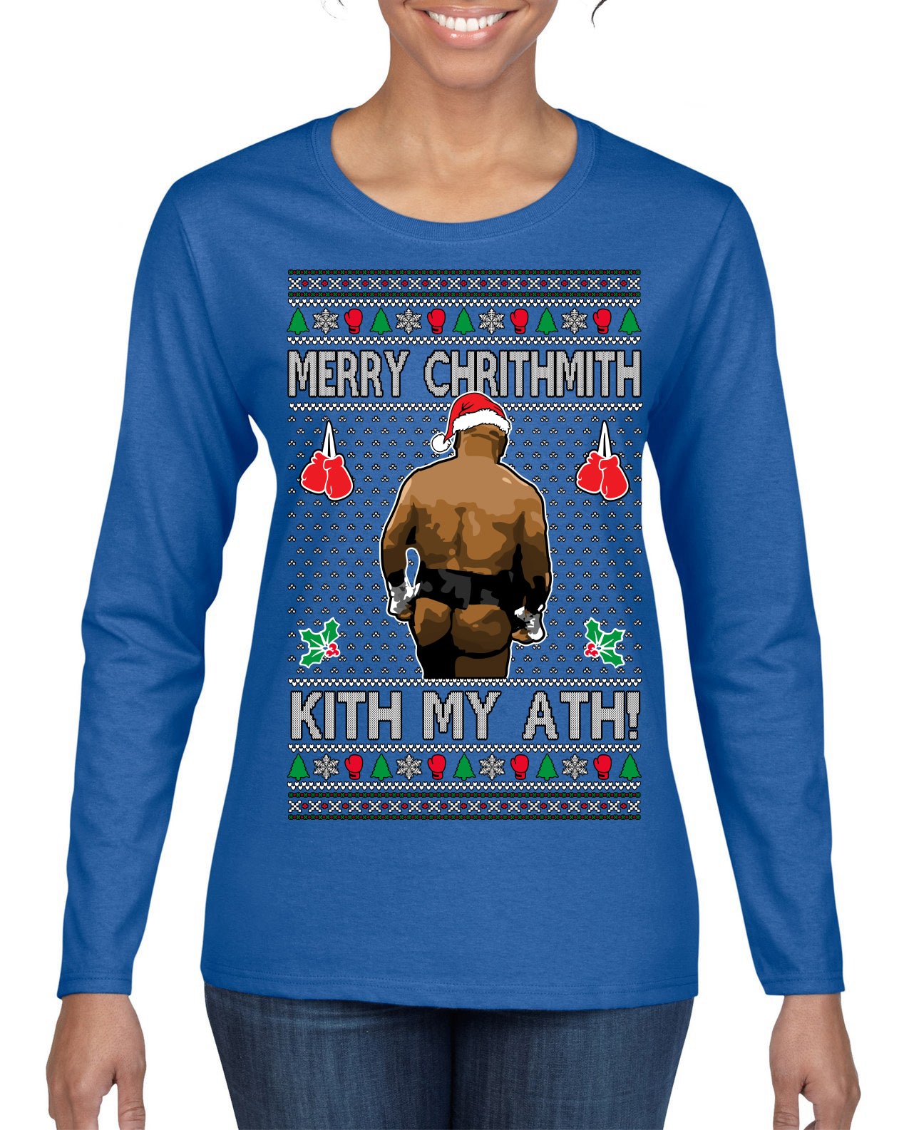 Merry Chrithmith Kith My Ath, Butt Viral Kiss My Ass Boxing Fight Meme Ugly Christmas Sweater Womens Graphic Long Sleeve T-Shirt