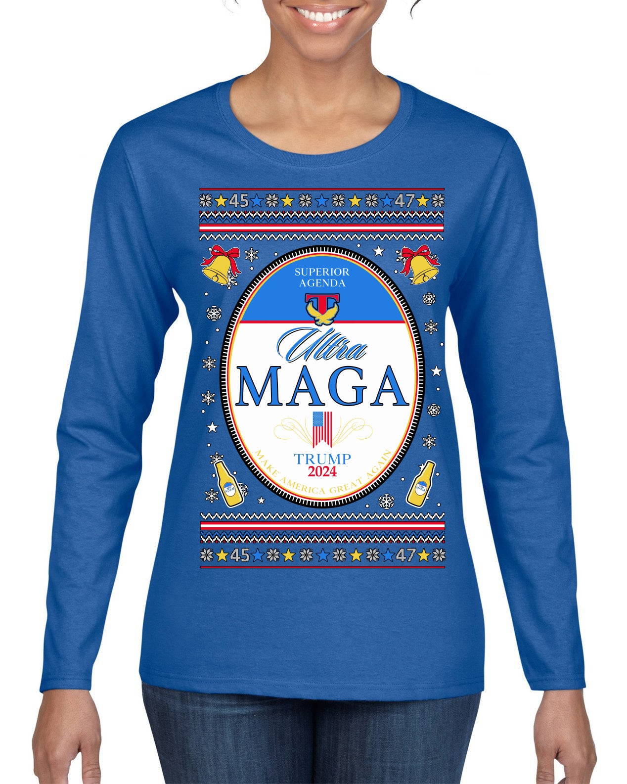 Ultra MAGA Superior Agenda Trump 2024 Funny Beer Logo Ugly Christmas Sweater Womens Graphic Long Sleeve T-Shirt