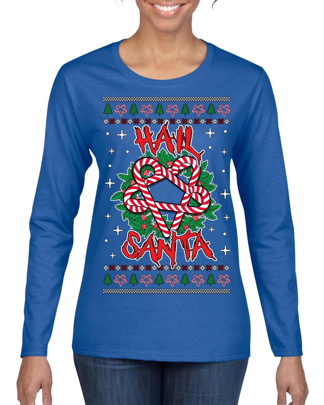 Hail Santa Funny Satanic Candy Devil Heavy Metal Satan Ugly Christmas Sweater Womens Graphic Long Sleeve T-Shirt