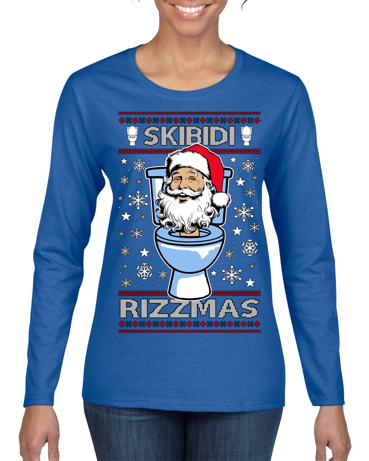 Skibidi Rizzmas Funny Toilet Video Viral Brain Rot Meme, Gen Z Alpha Slang Brainrot Memes Ugly Christmas Sweater Womens Graphic Long Sleeve T-Shirt