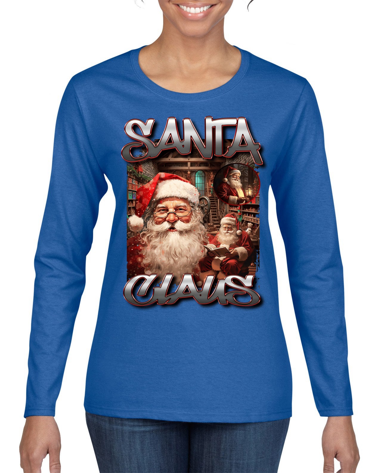 Santa Claus Bootleg Rap Music Style Ugly Christmas Sweater Womens Graphic Long Sleeve T-Shirt