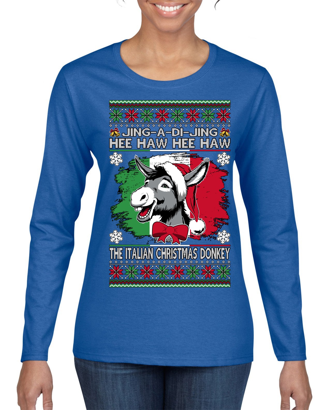 Jing a Di Jing Dominick the Italian Christmas Donkey Ugly Christmas Sweater Womens Graphic Long Sleeve T-Shirt