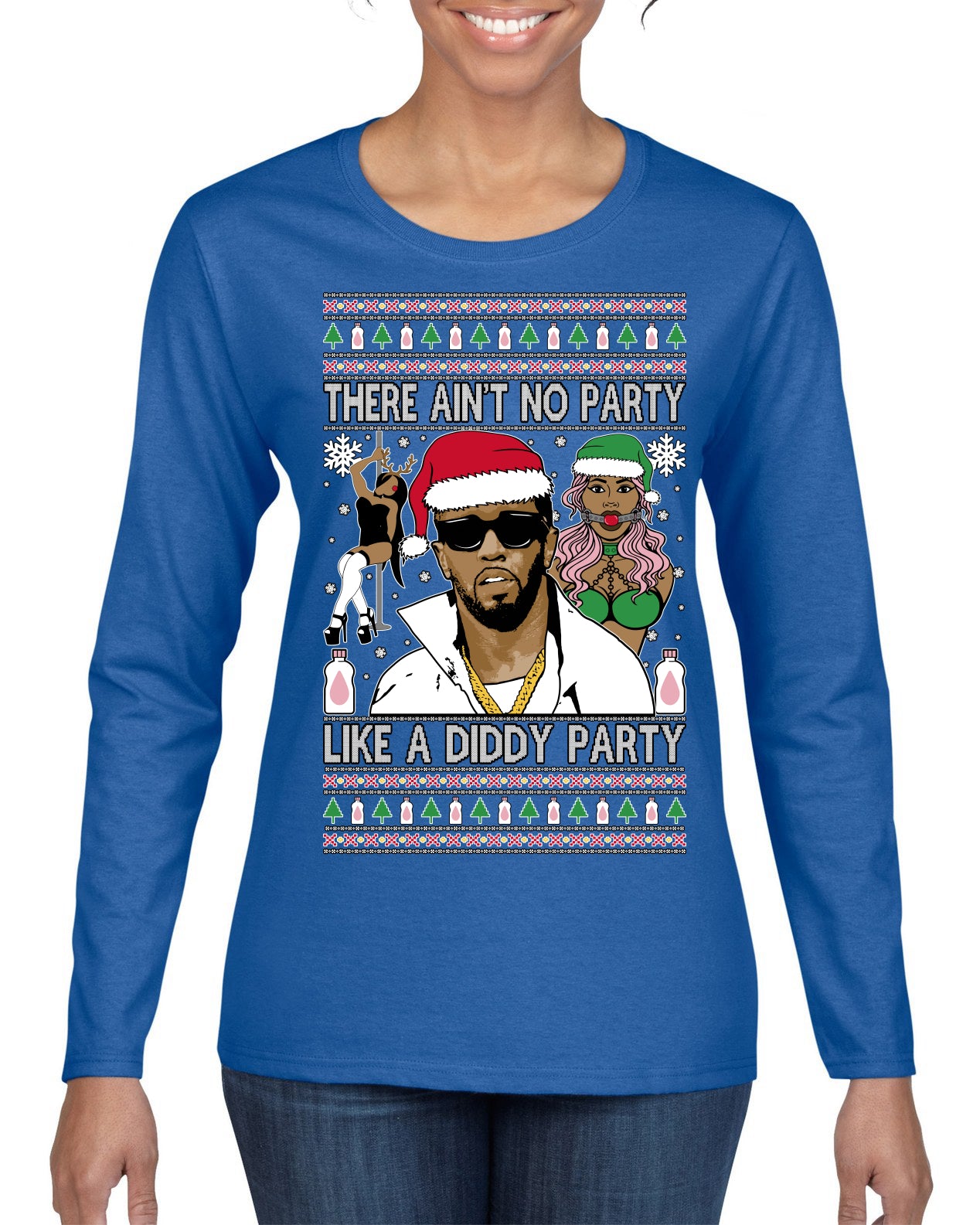 There Ain't No Party Like a Diddy Party Viral Music Meme Ugly Christmas Sweater Womens Graphic Long Sleeve T-Shirt
