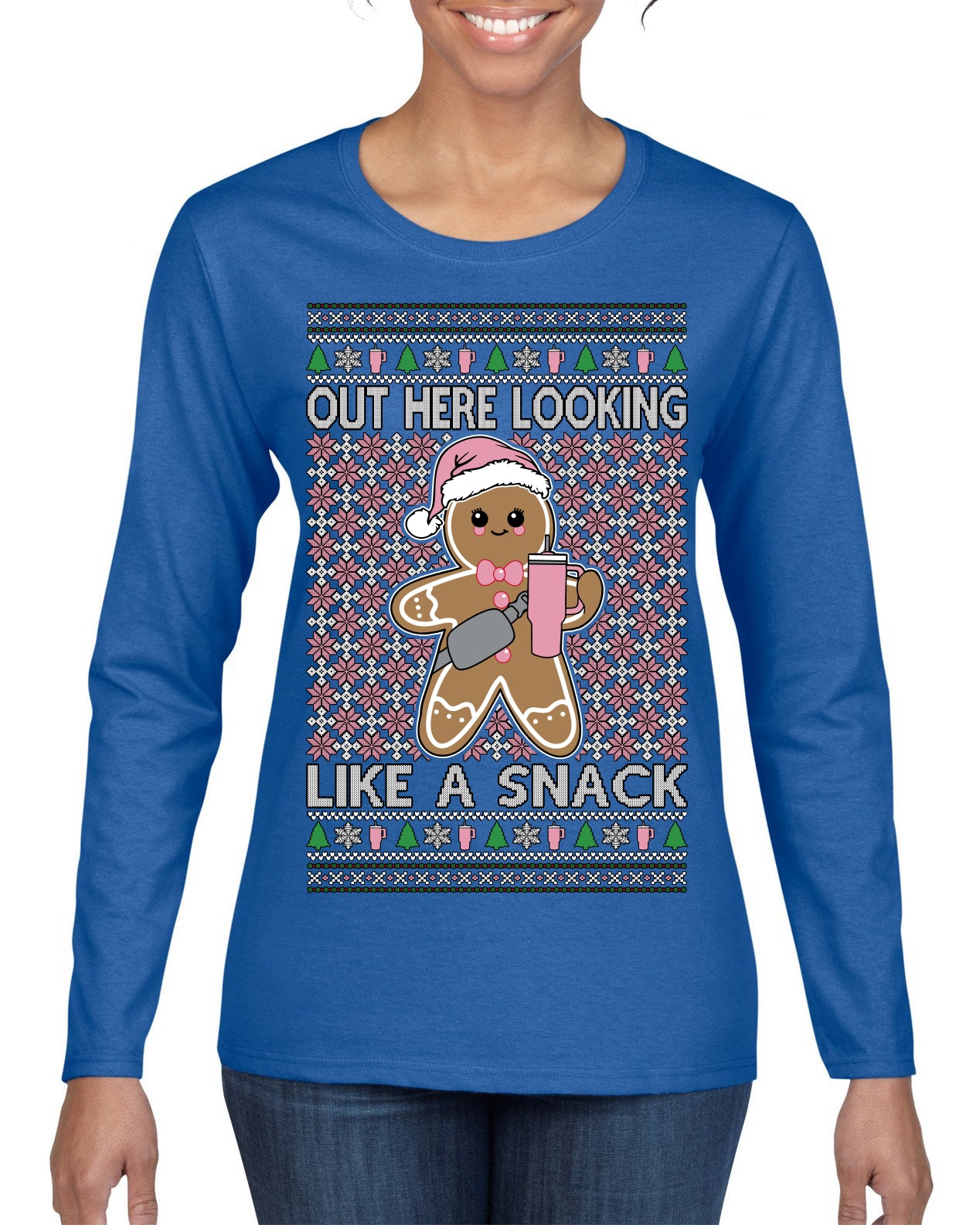 Out Here Looking Like a Snack Cute Xmas Cookie Ugly Christmas Sweater Womens Graphic Long Sleeve T-Shirt