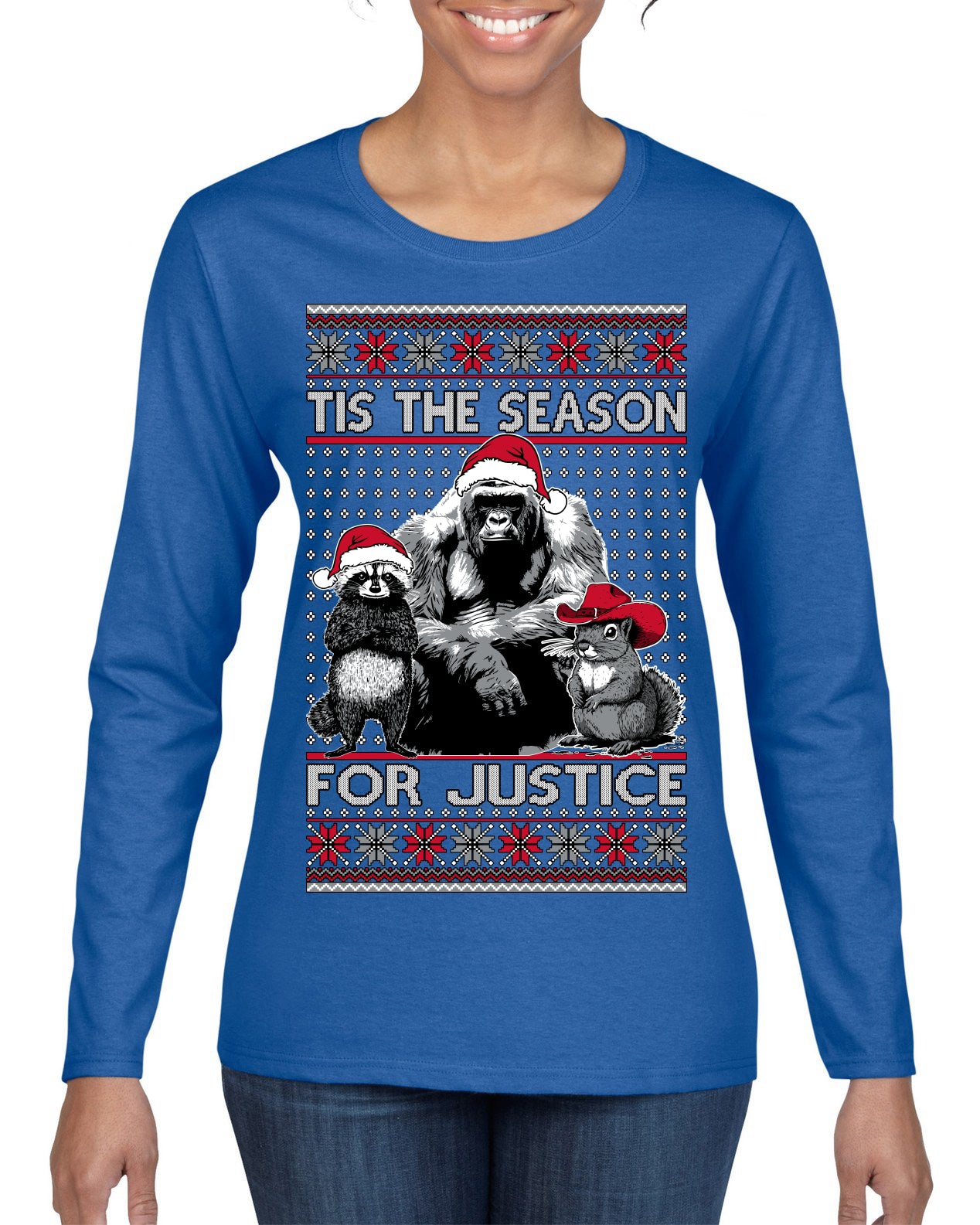 Tis the Season For Justice Harambe Peanut Fred Raccoon Ugly Christmas Sweater Womens Graphic Long Sleeve T-Shirt