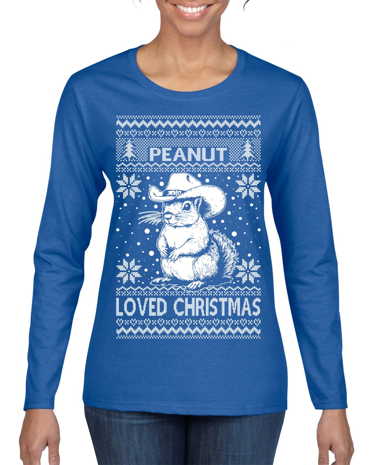 Peanut Loved Christmas RIP Funny Viral Squirrel Meme Ugly Christmas Sweater Womens Graphic Long Sleeve T-Shirt